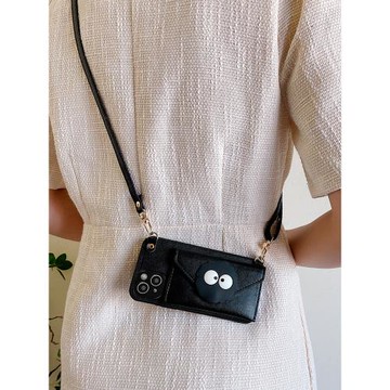 黑色煤球零錢包可拆卸12適用蘋果16proMax手機殼可背斜跨iphone15plus簡約14卡通小挎包13帶掛繩女xr創意防摔