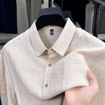 男士翻有帶領短袖襯衫夏季新款中年爸爸裝高檔純色上衣亞麻寸衫