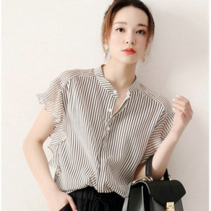 ブラウス レディース 春夏 オシャレブラウス 半袖トップス ボーダー柄シャツ レースフレア袖トップス 薄手 ゆったり 体型カ 通販  LINEポイント最大GET LINEショッピング
