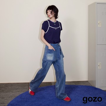 【gozo】A｜顯瘦刷色不對稱腰頭兩件式牛仔褲(淺藍/深藍_S/M/L) | 女裝 修身 休閒