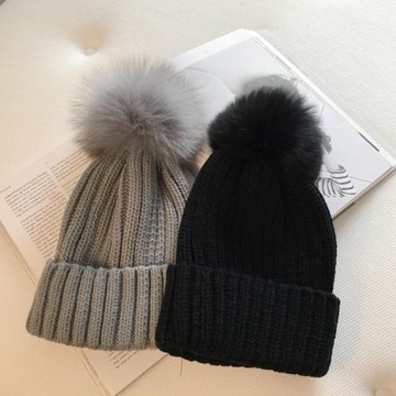 冬季狐貍皮草大球球翻邊針織毛線帽手工百搭保暖街拍灰色黑色帽子