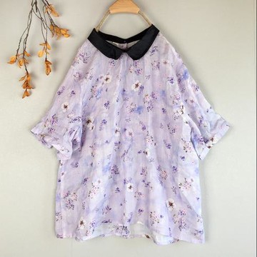 小清新拼接苧麻上衣女2022夏季薄款設計感文藝復古印花短袖襯衫