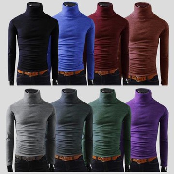 春秋潮流長袖T恤高領打底衫男士貼身純黑色修身體恤內搭休閑時尚