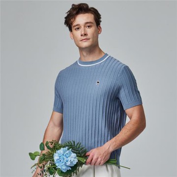 moz瑞典 駝鹿 親膚 圓領 針織短T-牛仔藍(亞洲版)男款