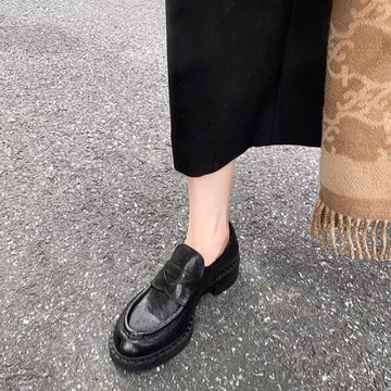 真皮厚底樂福鞋女2025春秋新款黑色圓頭粗跟單鞋復古英倫風小皮鞋
