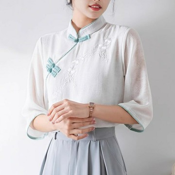 現貨+預購 襯衫七分袖上衣-盤扣繡花中國風唐裝女裝74ke54【獨家進口】【米蘭精品】