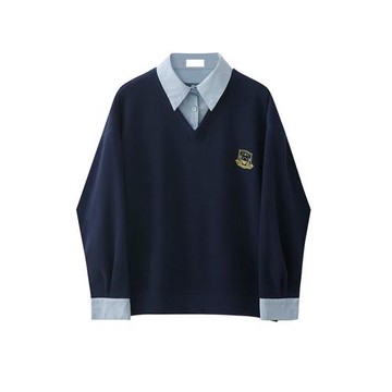 原創自制秋季新款甜酷復古學院風刺繡寬松假兩件衛衣女Polo領上衣