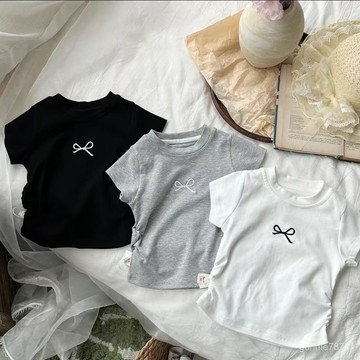 【臺灣出貨】女童莫代爾短袖T恤夏新款韓版兒童寶寶洋氣修身高腰短款上衣 女童短袖上衣 T恤 中大童短袖t恤 打底衫