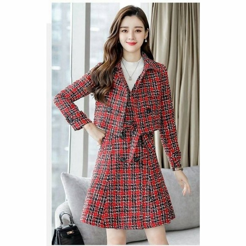 セットアップレディース秋冬セットアップワンピースジャケットツイードツーピースセット売りチェック柄格子柄ブラックレッドレトロ 通販 Lineポイント最大get Lineショッピング