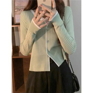 綠色v領針織衫女裝早秋季2025新款開衫外套寬松顯瘦長袖短款上衣