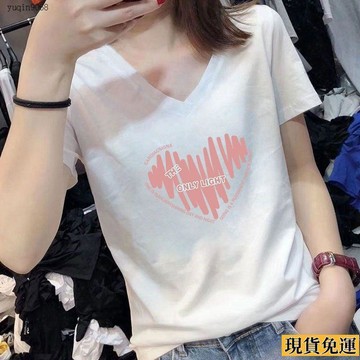 ✨限時下殺✨ 100%純棉正肩V領  短袖  t恤女法式小香風雞心領 上衣  夏季 新款體恤小衫