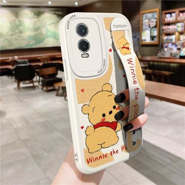 適用VIVOy76s手機殼腕帶可愛小熊y500創意卡通y36支架套男女y78+/潮牌y35m新款防摔y300pro硅膠y100/y200i