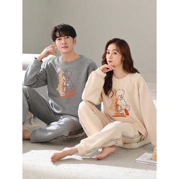 空氣棉情侶睡衣秋冬季2025年新款女士休閑三層加棉夾層家居服男士