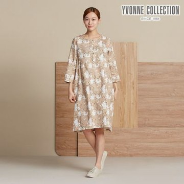 YVONNE 以旺傢飾 雙層棉印花七分袖洋裝-大地棕