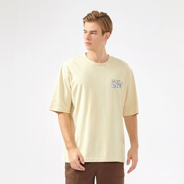 Hang Ten- 厚磅棉復古衝浪印花短袖T恤-男(奶油米)