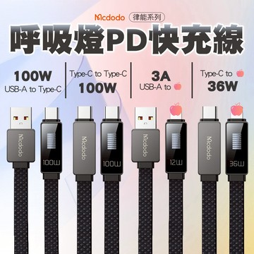 Mcdodo 律能 100w編織線 電量顯示 快速充電線 安卓線 快充線 Type-C 適用iPhone16/17 扁線