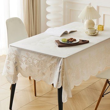 BonBon naturel 法式立體壓紋防水桌巾 PVC材質  法式花束蕾絲 米白色  90 x 150cm  1條