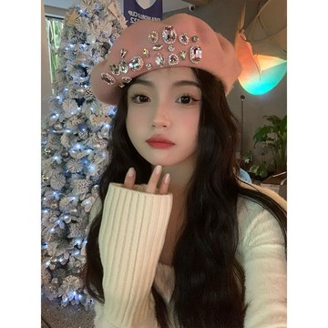 水钻贝雷帽女秋冬小众设计师带钻大头围羊画家帽子