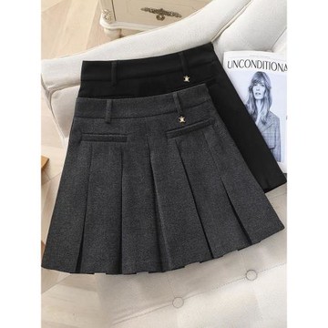 毛呢百褶半身裙冬裝高級感灰色a字傘裙洋氣百搭復古防走光短裙子