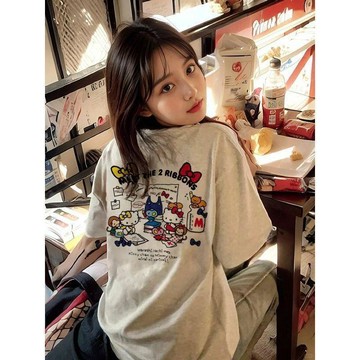 嚴選好物🌈夏季新款   品牌剪標尾單專櫃撤回_美式kitty貓印花短袖T恤男女情侶上衣_