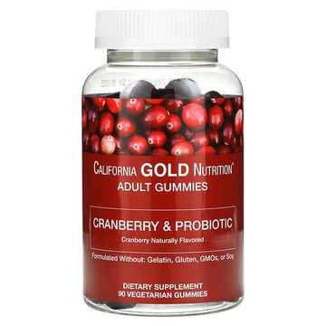 California Gold Nutrition, 大果越桔和益生菌軟糖，含大果越桔濃縮物、低聚果糖和凝結芽孢杆菌，天然大果越桔味，90 粒素食軟糖