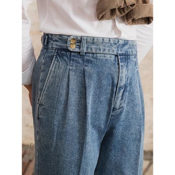 鹿三先生春季時尚氣質那不勒斯牛仔褲休閑復古百搭高腰直筒長褲男