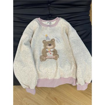 KFCAG拼色圓領小熊印花加絨上衣女2025秋冬新款可愛百搭減齡衛衣