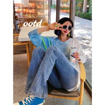 貓貓家加長牛仔褲女歐美緊身包臀高腰超長褲彈力微喇超模褲喇叭褲