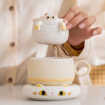 創意可愛貓陶瓷咖啡杯個人專用泡茶杯茶水分離馬克杯茶咖杯伴手禮