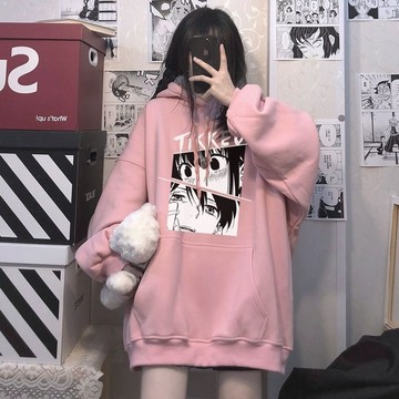 【大尺寸 男女同款 刷毛/不刷毛大學t 帽t 韓版秋冬袖子】動漫連帽衛衣女秋冬加絨學生百搭寬鬆大碼顯瘦情侶外套潮流ins
