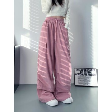 高腰抽繩工裝褲女冬季大碼胖mm寬松顯瘦休閑褲梨形身材加長闊腿褲