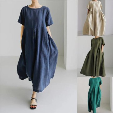 亞馬遜獨立站2024新款歐美跨境女裝寬松圓領時尚大碼短袖連衣裙女