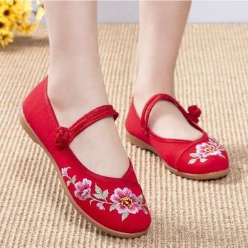 老北京布鞋繡花鞋女平跟舒適媽媽民族舞蹈鞋古風漢服鞋子紅色女鞋