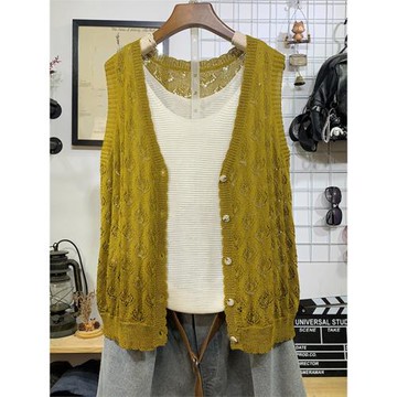 夏季勾花鏤空棉麻針織開衫女寬松V領披肩洋氣薄外搭馬甲休閑上衣