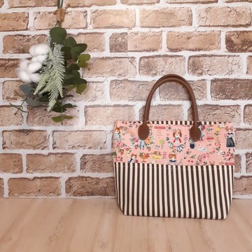 手提包 貓咪圖案 狗狗圖案 合成皮革 條紋 棕色 迷你托特包 動物圖案 粉色 副包 多口袋包