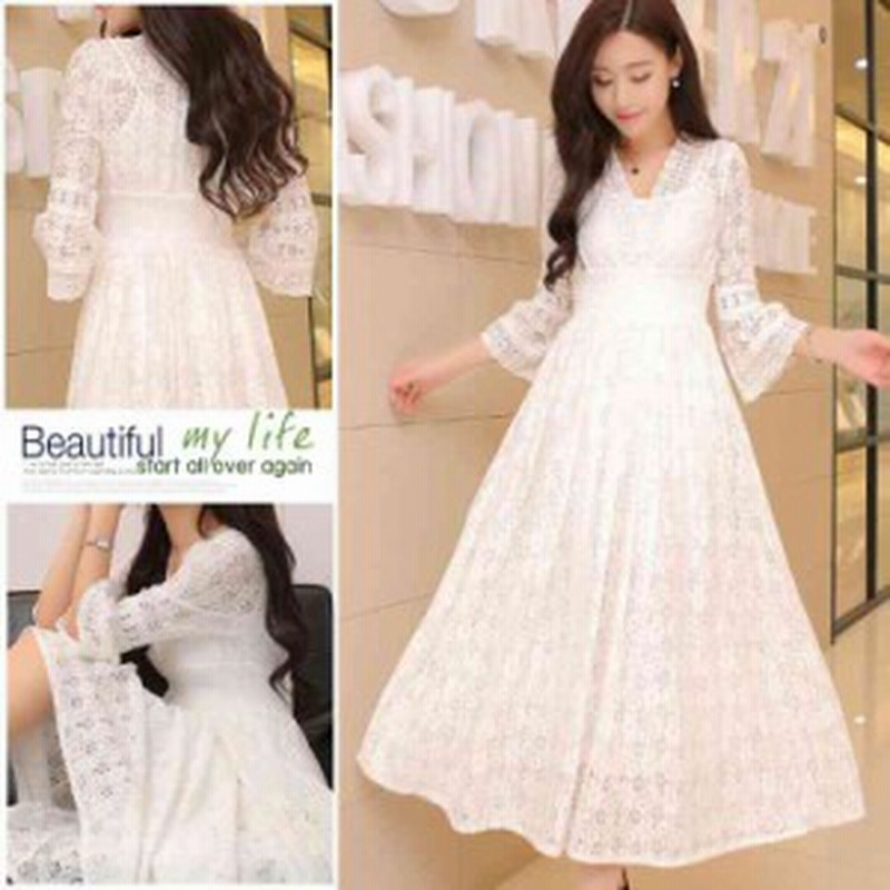 マキシワンピース 結婚式 白 レディース マキシワンピース 七分袖 レースワンピース V襟 マキシ丈 ロングワンピース 女性onepiece 大人 通販 Lineポイント最大get Lineショッピング