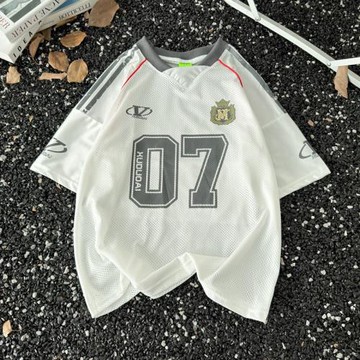 復古運動風網面短袖T恤男生潮牌ins涂鴉印花寬松速干透氣球衣圓領