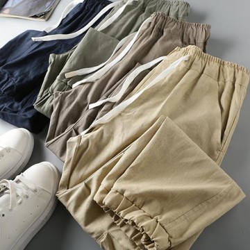 活力純色！棉麻系！春夏青少年男士工裝休閑寬松青春流行束腳長褲
