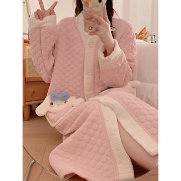 孕婦睡衣女春秋冬季加厚空氣夾層棉可愛甜美月子服待產睡裙家居服