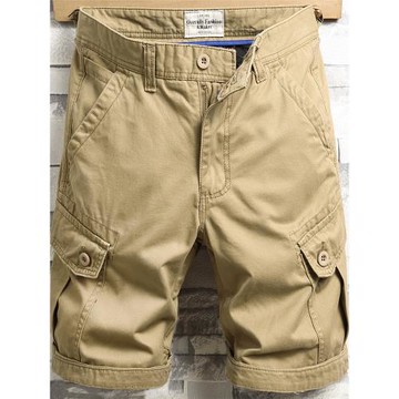 夏季卡其工裝多袋中褲男休閑時尚帥氣五分褲牛仔寬松直筒馬褲耐磨