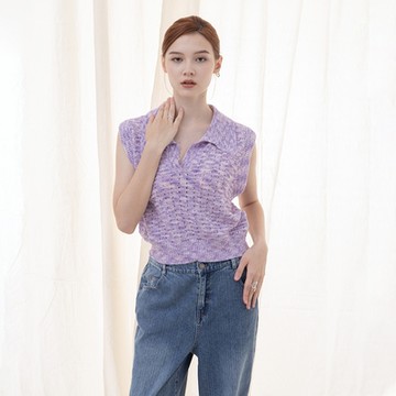 【MASTINA】翻領造型無袖針織衫 白 紫 (魅力商品)