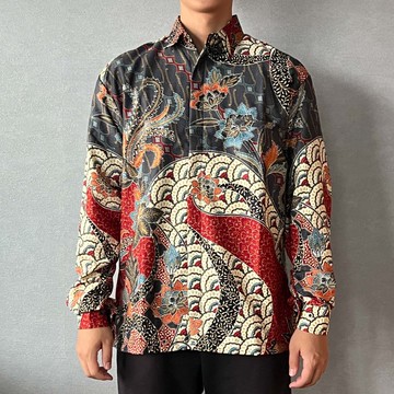 印尼蠟染幾何織紋長袖襯衫 SATRIA - 灰白紅蓮 - SAT006