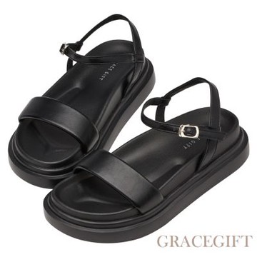 【Grace Gift】極輕量細帶繞踝厚底涼鞋 黑
