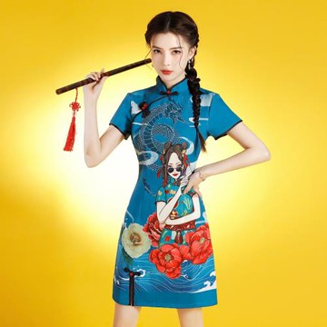 紅色國潮女孩印花旗袍2025夏新款年輕改良款少女中國風連衣裙炸街