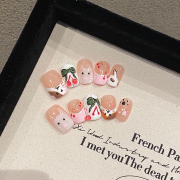 💟加一手工甲💅🏻藝禾純手工穿戴甲可愛櫻桃貓咪美甲穿戴甲可拆卸假指甲短款顯白純手工穿戴甲 BQ6L