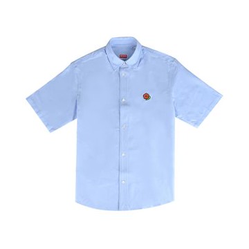 KENZO POP 黑字母LOGO針繡小巧海棠花牛津棉短袖休閒襯衫(男款/天空藍)