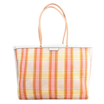 TORY BURCH 146146 品牌燙金LOGO格紋肩背托特包.白邊