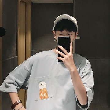 FINDSENSE H1 2018 夏季 個性卡通  印花 口袋  T恤 潮流 寬鬆 短袖  時尚 男 體恤  上衣