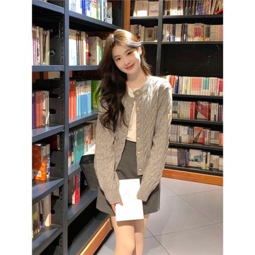 灰色麻花針織外套女2025春秋新款開衫韓系小個子外搭毛衣慵懶上衣