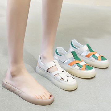 涼鞋女夏軟底時尚平底舒適休閑魔術貼孕婦防滑真皮羅馬豬籠鞋女潮